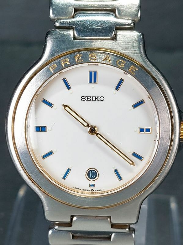 美品 SEIKO セイコー PRESAGE プレサージュ 5E39-6A00 アナログ クォーツ 腕時計 ホワイト文字盤 カレンダー メタルベルト 新品電池交換済