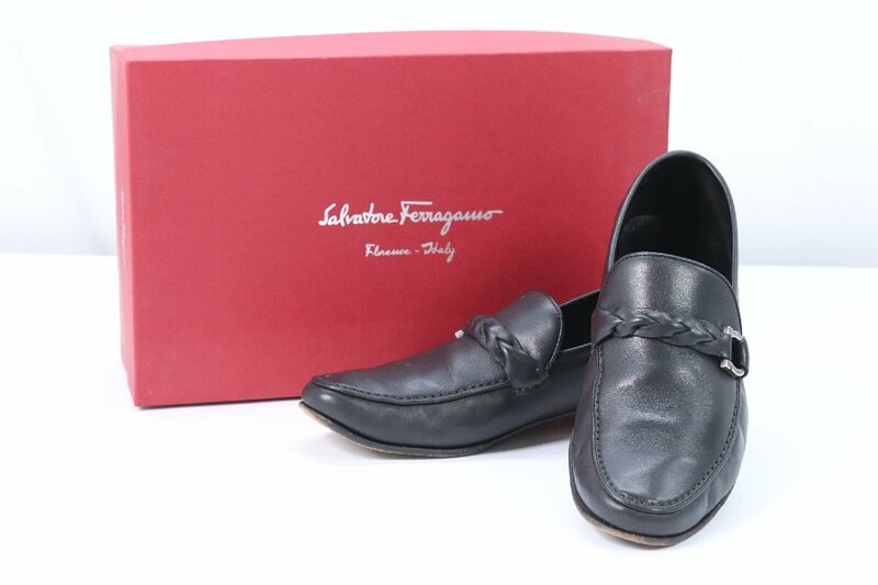 Salvatore Ferragamo サルヴァトーレフェラガモ 靴 ローファー レザーシューズ サイズ 7 3E メンズ レディース 黒 保存袋 箱付き 6230-KS