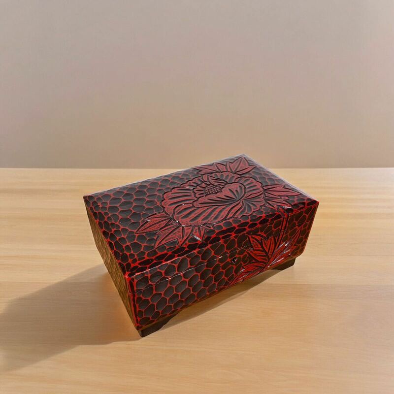 鎌倉彫 アクセサリーケース オルゴール　鍵　牡丹　木製 小物入れ 硯箱　ジュエリーケース　エリーゼの為に　アンティーク　木製　モダン