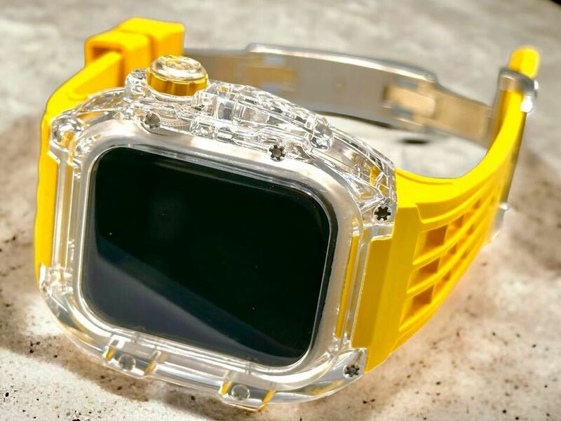 イエロー★アップルウォッチバンド ラバーベルト カバー Apple Watch クリア ケース 44mm 45mm メンズ レディース スポーツ