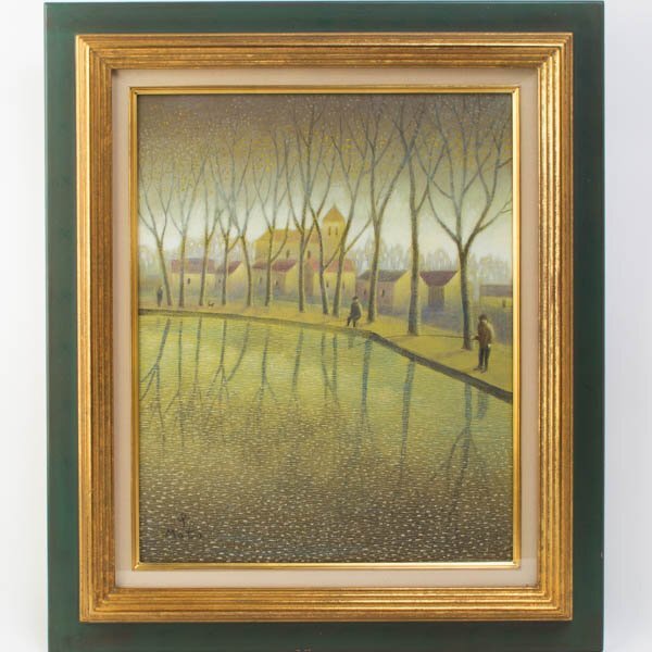 元村平「 ウルク運河の釣人 」油彩 F6 風景画 1999年 武蔵野美術大学卒 サロン ドートンヌ出品 直筆サイン 額装 #36527YR