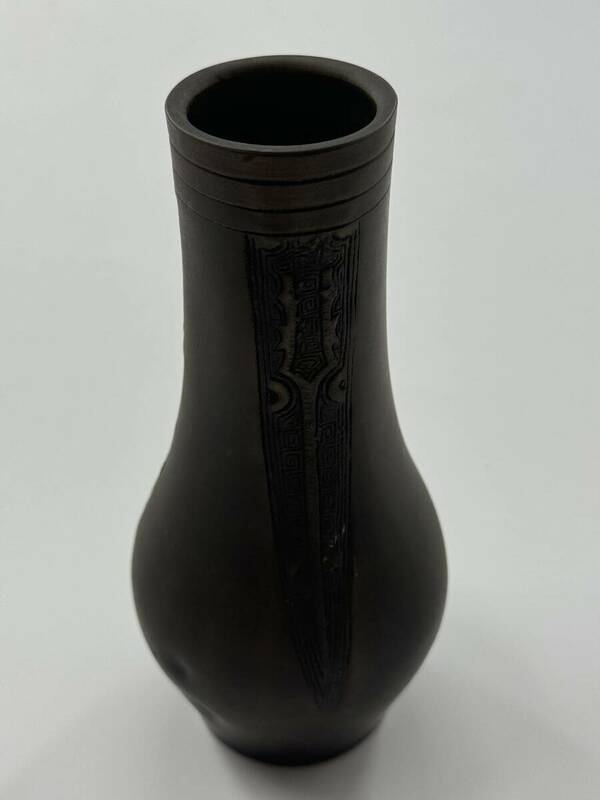  唐銅 古代彫刻 杓立 柄杓立て 茶道具　銅器　煎茶道具　重590g　　花瓶　花器　小瓶　「3370」