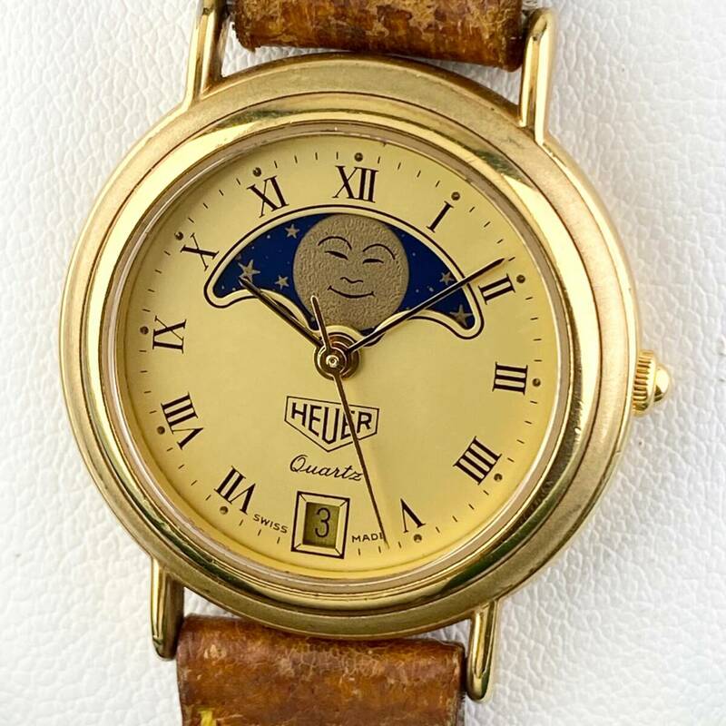 【1円〜】HEUER ホイヤー 腕時計 レディース HL200G ムーンフェイズ ゴールド文字盤 ローマン ラウンドフェイス デイト 正規品