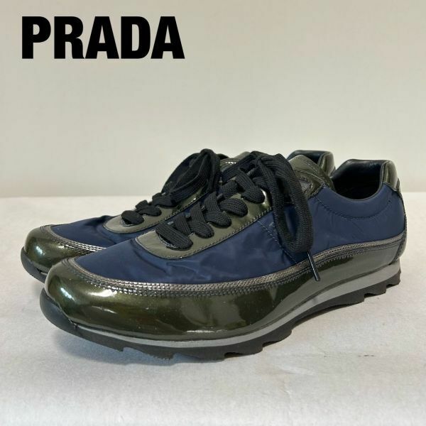 L0044★10 高級 美品 PRADA プラダ スポーツ archive シャークソール ナイロン レザー 切り替え ロゴ メンズ スニーカー シューズ 靴 7 1/2