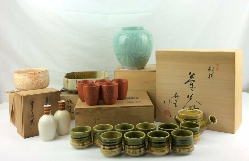 【三】木箱 おまとめ 6箱 茶器 花器 抹茶碗 酒器 菓子器 作家物 在銘 茶器　eE846-i