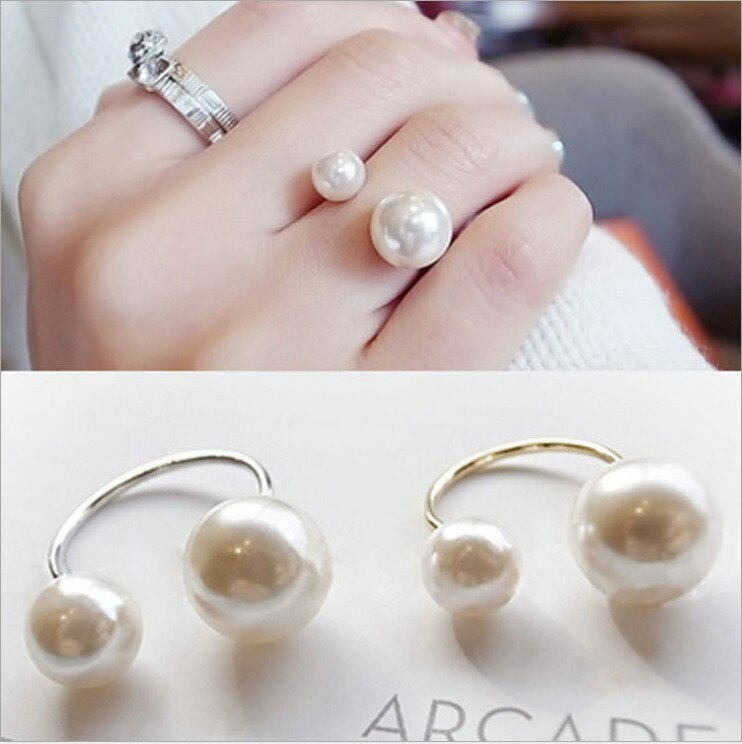シルバー925色 ダブル パールリング真珠デザイン フリーサイズ指輪★結婚式