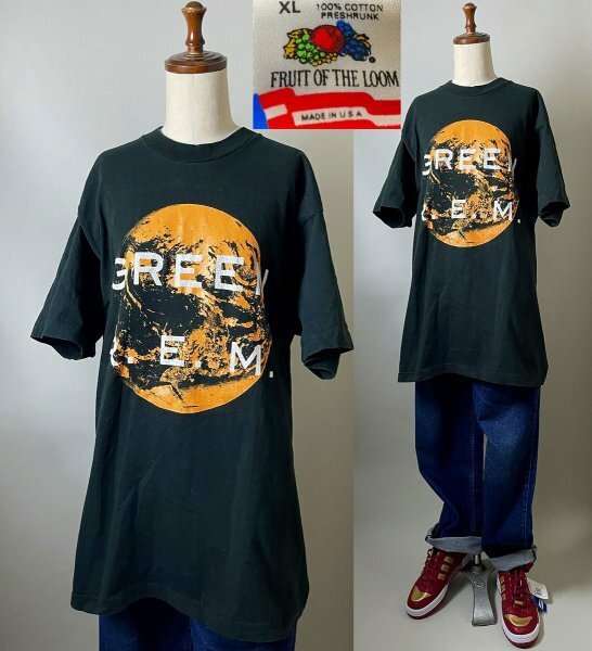 90s USA製 ビンテージ fruit of the loom フルーツオブザルーム R.E.M. アールイーエム GREEN グリーン ブラック 両面プリント Tシャツ XL