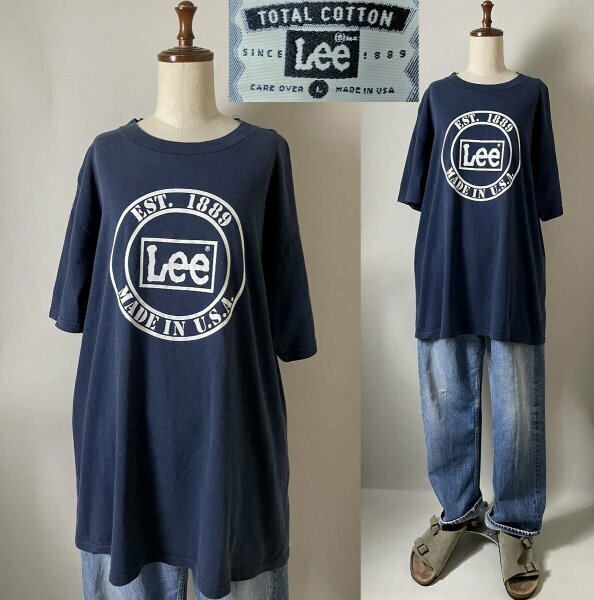 ★【希少 90s位 USA製 デザイン◎ 大き目】レア ビンテージ LEE リー コットン100％ サークル ロゴ Lee Tシャツ L ネイビー Made in USA