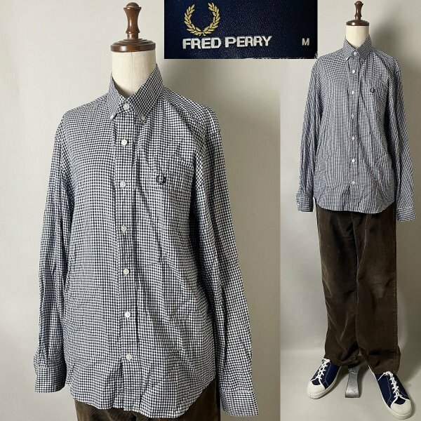 ★【国内正規 美品】 FRED PERRY フレッドペリー F4499 コットン100％ ギンガムチェック 総柄 ボタンダウン 長袖 シャツ ロングスリーブ M