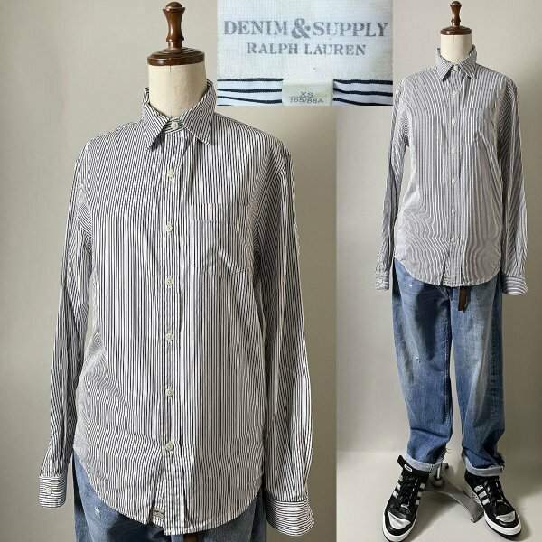 ★美品 【国内正規品 名作】 DENIM&SUPPLY RALPH LAUREN デニム＆サプライ コットン100％ ブラック ストライプ柄 ポケット シャツ XS 長袖