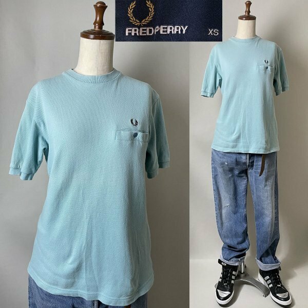 ★【国内正規品 定価7,150円 USED品】 FRED PERRY フレッドペリー F1674 コットン100％ 鹿の子 胸ポケット付Ｔシャツ XS ライトグリーン系