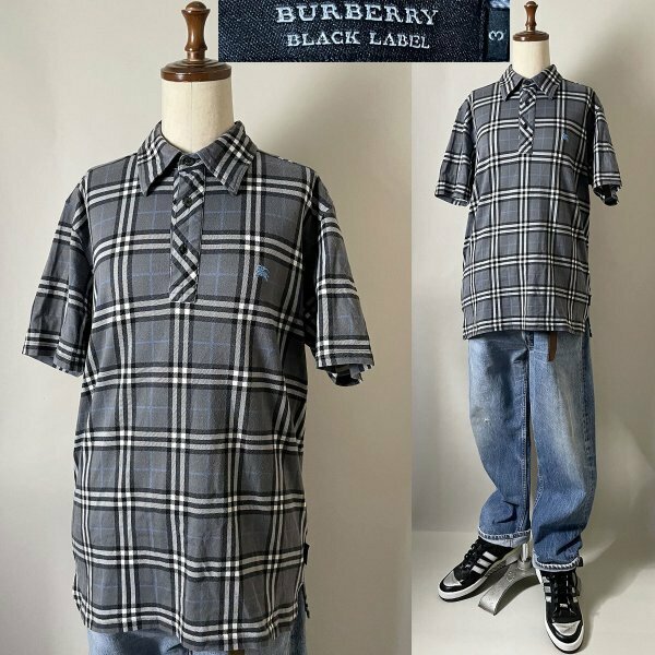 ★【国内正規品 並品】 BURBERRY BLACK LABEL バーバリー ブラックレーベル ホースマーク 刺繍 ノバチェック ストレッチ 半袖 ポロシャツ 3