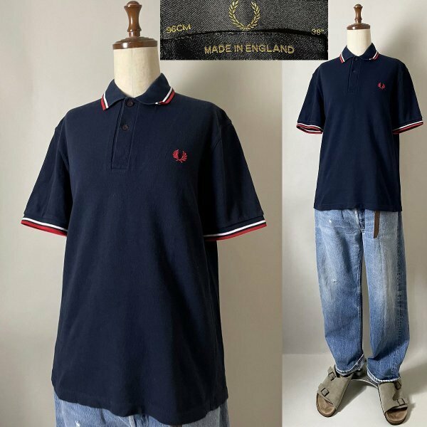 ★【Made in England イングランド製 国内正規品】英国製 FRED PERRY フレッドペリー M12 鹿の子 ポロシャツ 38（国内M相当）ネイビー