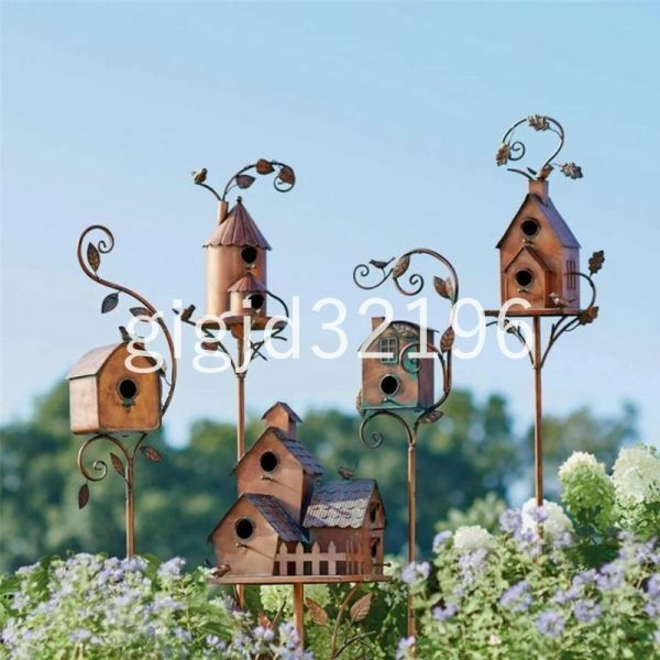 I0006:☆ガーデンバードフィーダー鳥の巣箱、ロッド付きメタルアートステーク、絶妙な鳥の餌、魅力的な家の装飾/選べる4タイプ