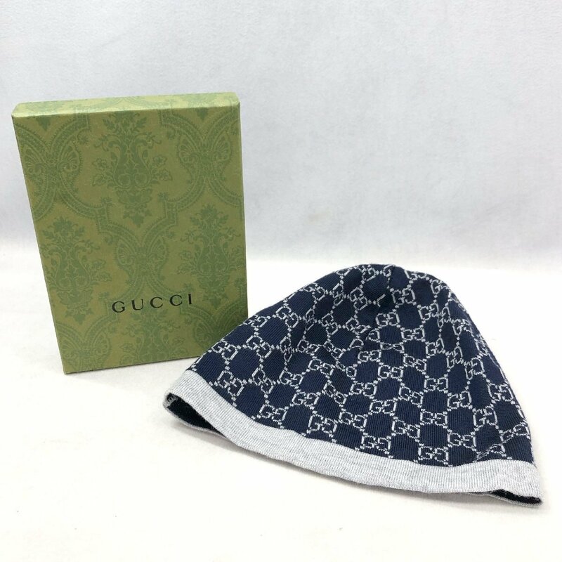 美品 GUCCI グッチ 418609 ニット キャップ 帽子 ウール ネイビー グレー系 GGロゴ GG柄 ブランド 帽子 サイズ M 19cm 箱あり イタリア製