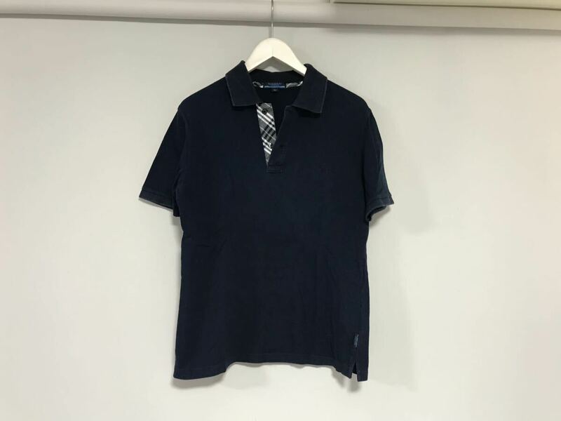 本物バーバリーブルーレーベルBURBERRYコットンチェック柄ロゴ刺繍半袖ポロシャツメンズサーフアメカジゴルフビジネス紺ネイビーM日本製