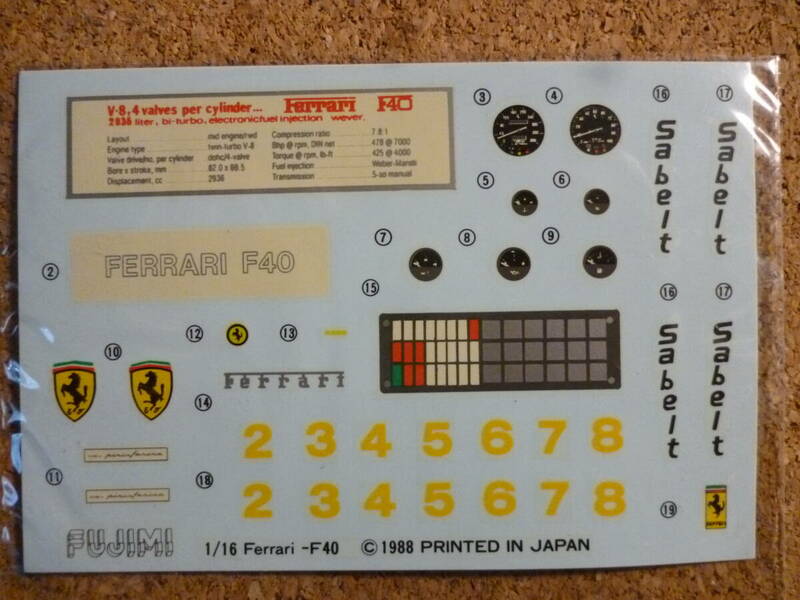 ☆彡フジミ1/16②　フェラーリF40用純正デカール　未開封品　使用可能です　活用下さい