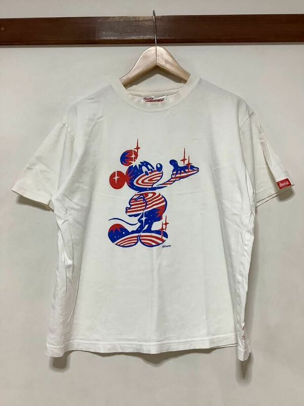 め1325 Mickey Mouse ミッキーマウス 生誕75周年 プリントTシャツ 半袖Tシャツ L ホワイト Coca-Cola 星条旗柄 Disney