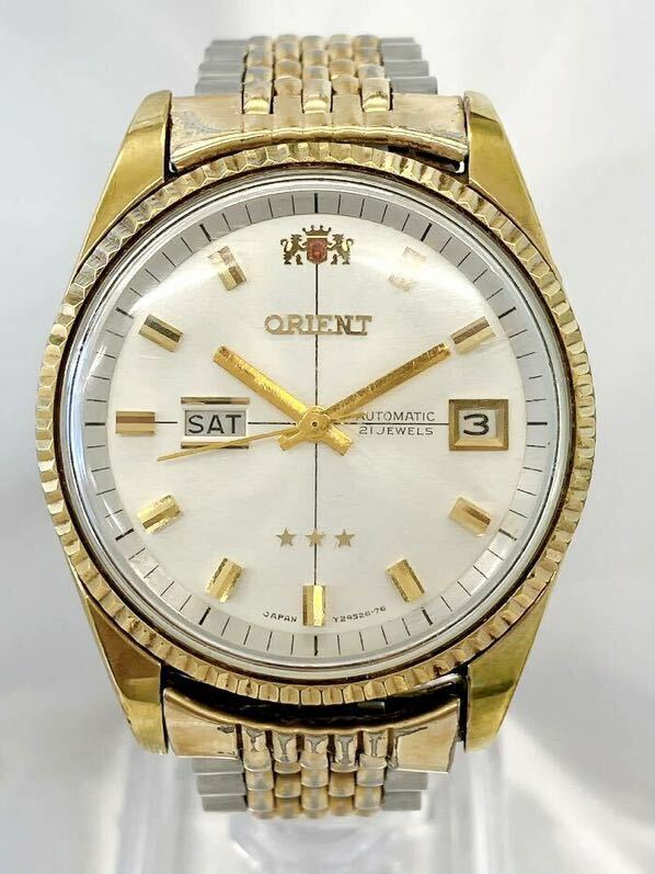 【稼動品】ORIENT スリースター 90400903 自動巻き メンズ腕時計 オリエント ベルト社外 コンビベルト 白文字盤 デイデイト 0003d