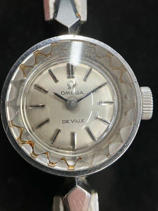 【稼動品】OMEGA DE VILLE オメガ デビル 手巻き シルバー文字盤 カットガラス レディース腕時計 ベルト留め具なし 時間調整可能 0005d 