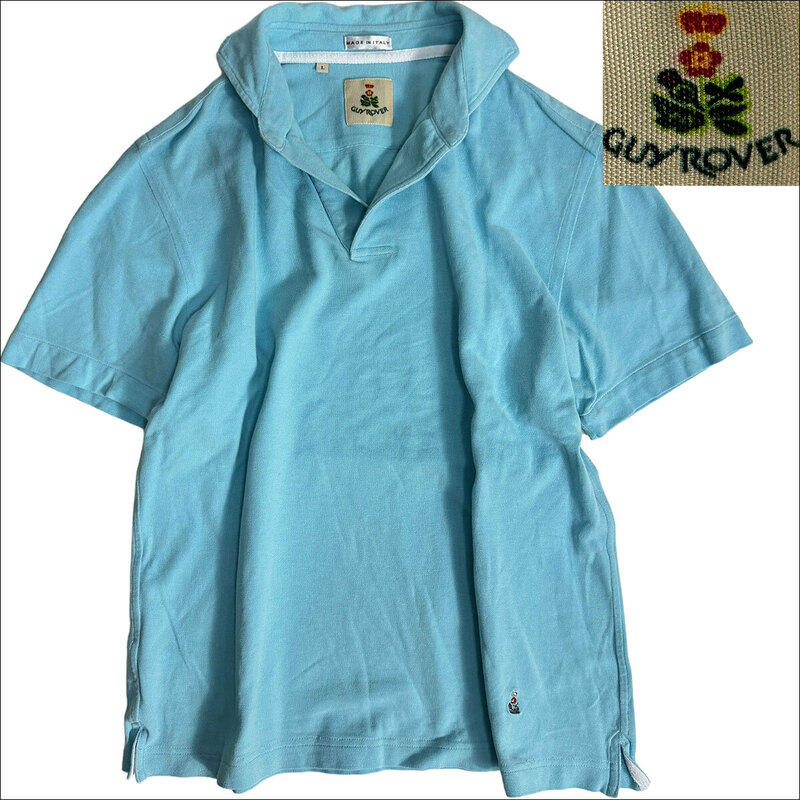 J6001 美品 ギローバー スキッパー鹿の子ポロシャツ サックスブルー L GUY ROVER