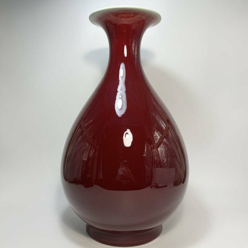 中国美術　景徳鎮製　窯変　紅釉賞瓶　辰砂大花瓶