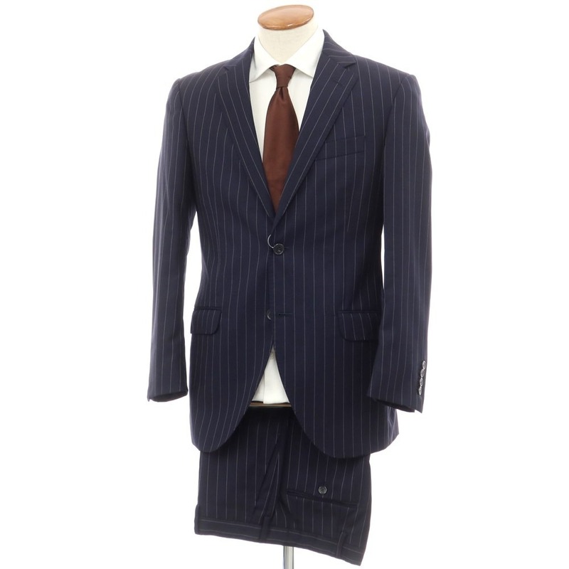 【中古】ハケットロンドン HACKETT LONDON ウール ストライプ セットアップ 2つボタンスーツ ネイビー【サイズ38/48　32/48】