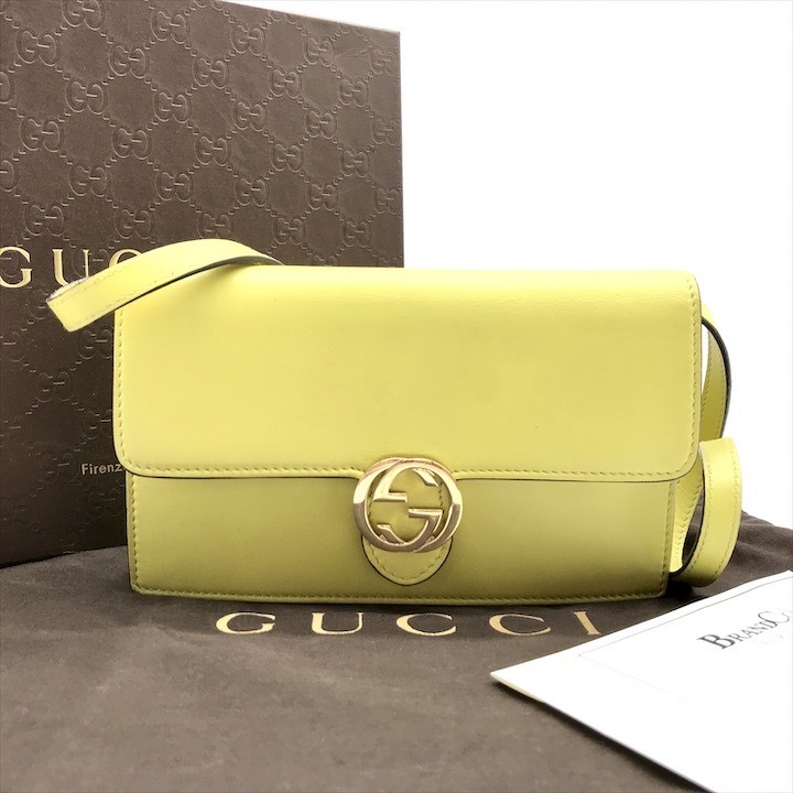 良品 GUCCI グッチ インターロッキングG 2WAY ショルダー バッグ ウォレット ライム イエロー レザー レディース k2869