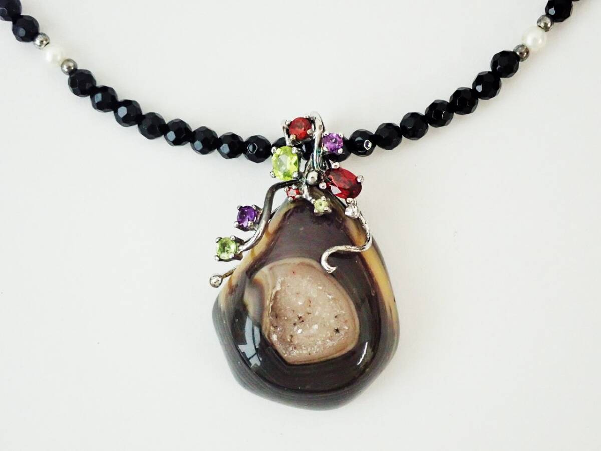 SV925　マルチカラー　ネックレス/アメジスト ペリドット ガーネット メノウ（瑪瑙、碼碯)オニキス 淡水パール/K76-10