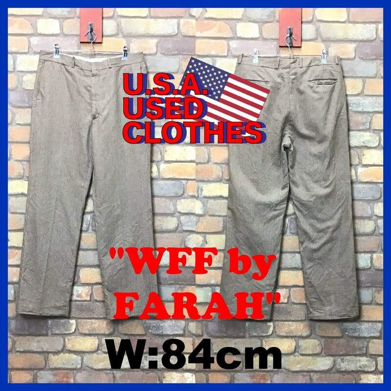 BP3-317★W84センチ位★USA製★OLD品【WFF by FARAH】SCOVILLジップ ウールスラックス【W32 メンズ M】薄茶 USA古着 ワーク アウトドア