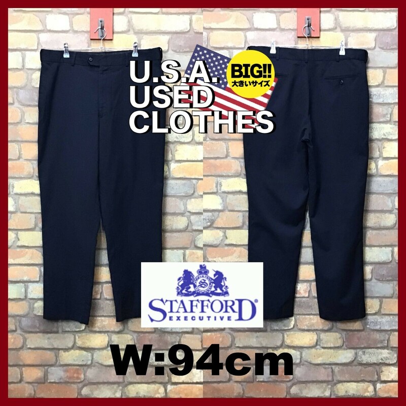 SL1-065★W94センチ位★USA古着★BIGサイズ【STAFFORD】ノータック クラシックフィット スラックス【W38 メンズ XL】濃紺 アメカジ ゴルフ