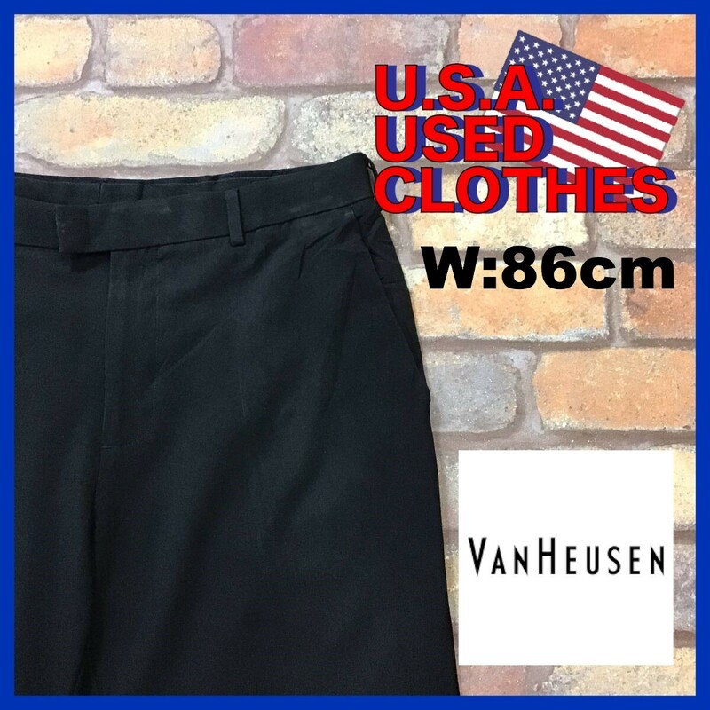 SL1-064★W86センチ位★USA買付品★人気カラー【VAN HEUSEN】ノータック ストレート スラックス 黒パン【W34 メンズ L】ブラック モード