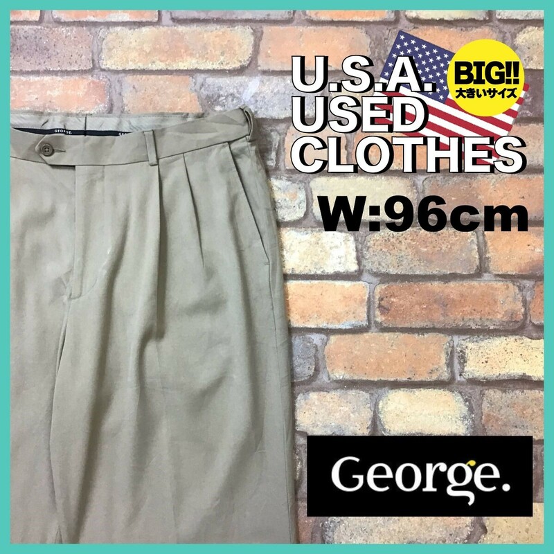 SL1-007★W96センチ位★USA古着★BIGサイズ【GEORGE】2タック レーヨン混 ワイド スラックスパンツ【W36 メンズ XL】ベージュ ゴルフ OLD