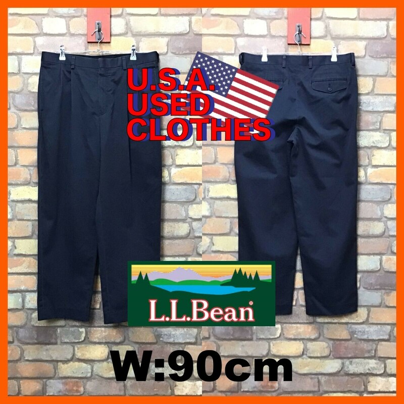 BP3-572★W90センチ位★USA買付品★良品【L.L.Bean】フラップポケット 2タック チノパン【W34 メンズ L】ネイビー 古着 アウトドア ワーク