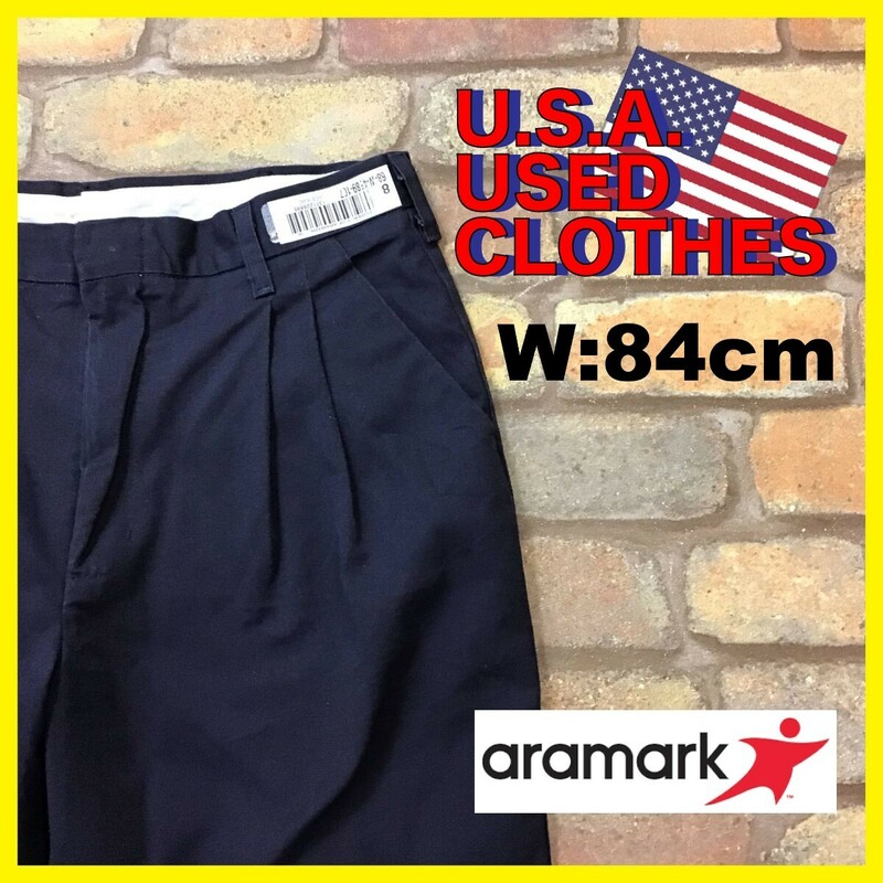 BP3-527★W84センチ位★USA古着★雰囲気抜群【aramark】メキシコ製 2タック ワークパンツ【W34 メンズ L】ネイビー チノパン ゴルフ OLD