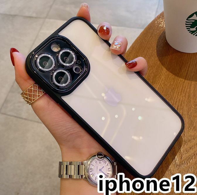 iphone12ケース カーバー レンズ保護付き　透明　お洒落　韓国　軽量 ケース 耐衝撃 高品質 ブラック217