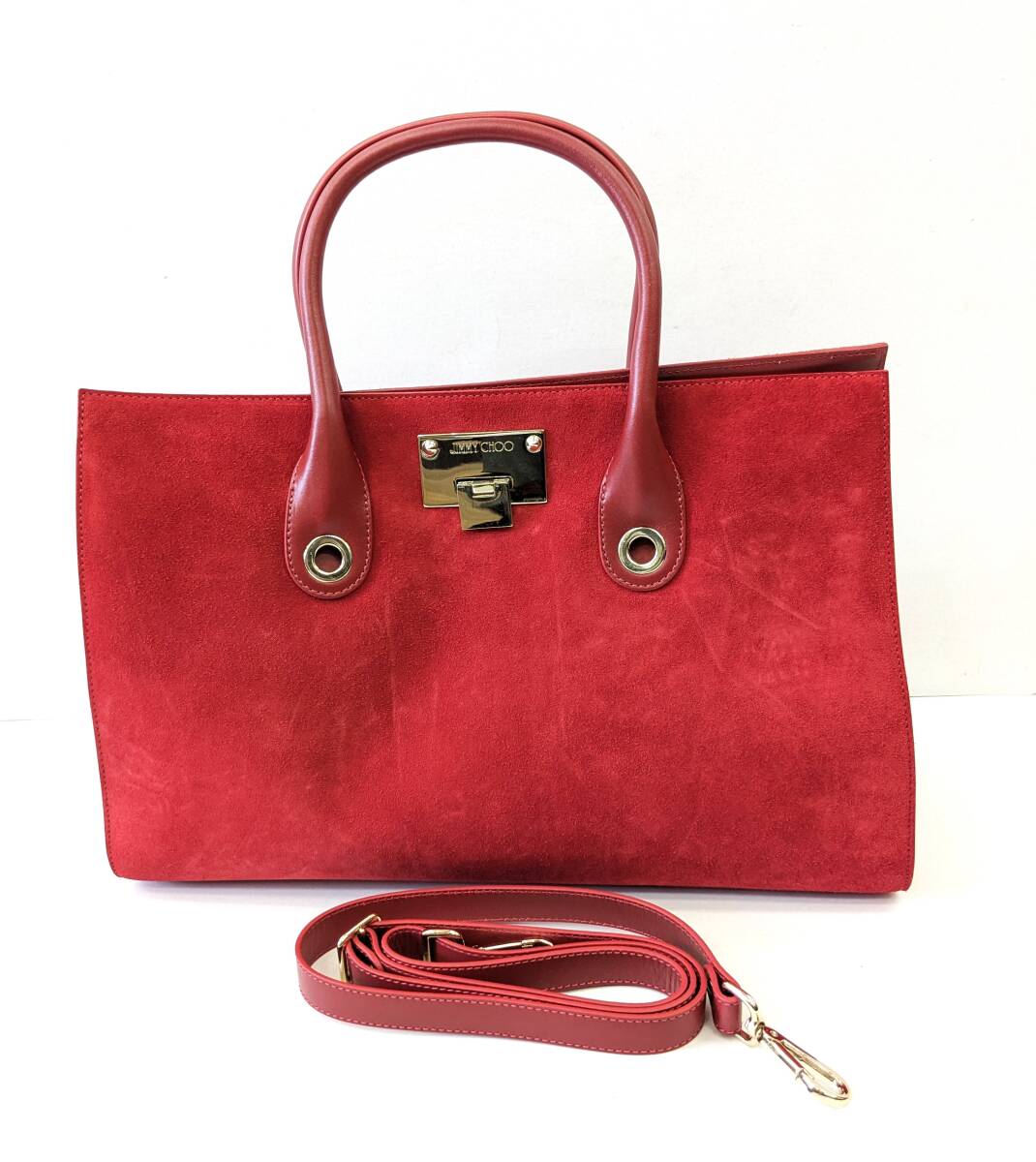 ■【極美品】JIMMY CHOO ジミーチュウ ライリー 2Way スエード×レザー レッド 赤 ハンドバッグ ショルダーバッグ