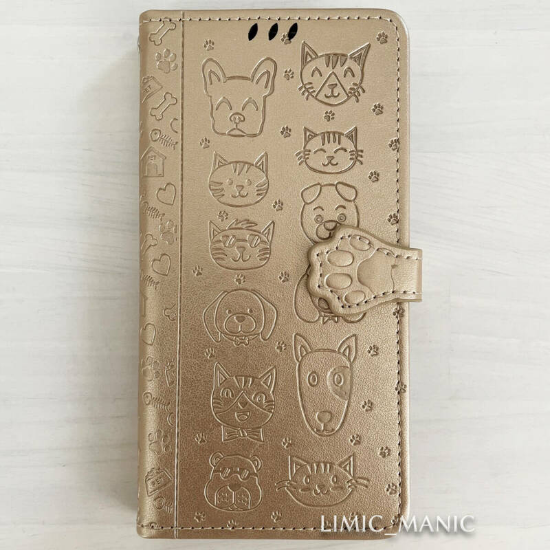 訳あり iPhone 13 / 14 ケース スマホ 手帳型 ゴールド 金 金色 GOLD 猫 CAT 猫ちゃん 犬 ワンちゃん DOG