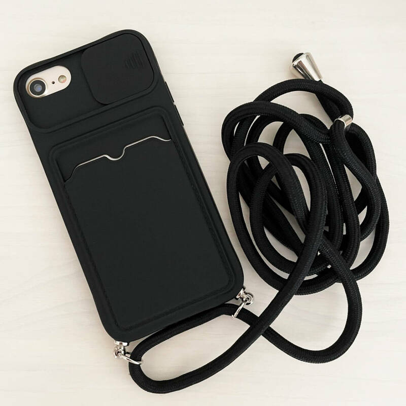 iPhone 6 6s 7 8 SE (第2世代/第3世代) SE2 SE3 ケース シリコン スマホ ショルダー 肩掛け 紐付き 収納 ブラック 黒色 黒 アイフォン