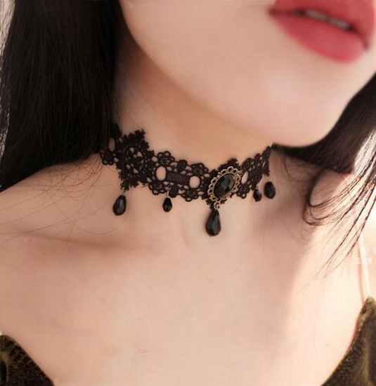 チョーカー ネックレス レース 黒色 ブラック ストーン レディース ゴスロリ パーティー Choker 首輪