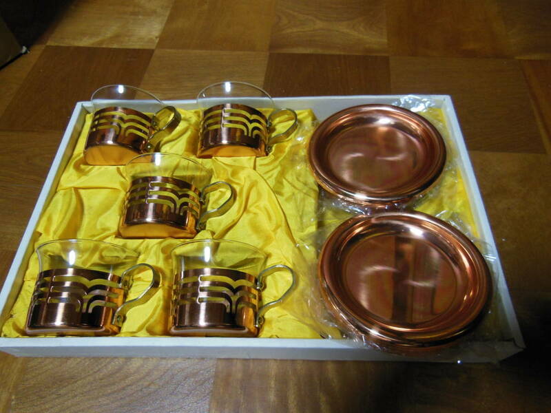 未使用品　フェニックス　ティーセット　ティーグラス　５客　純銅ホルダー　５客　純銅　コースター５客　箱付き　送料無料