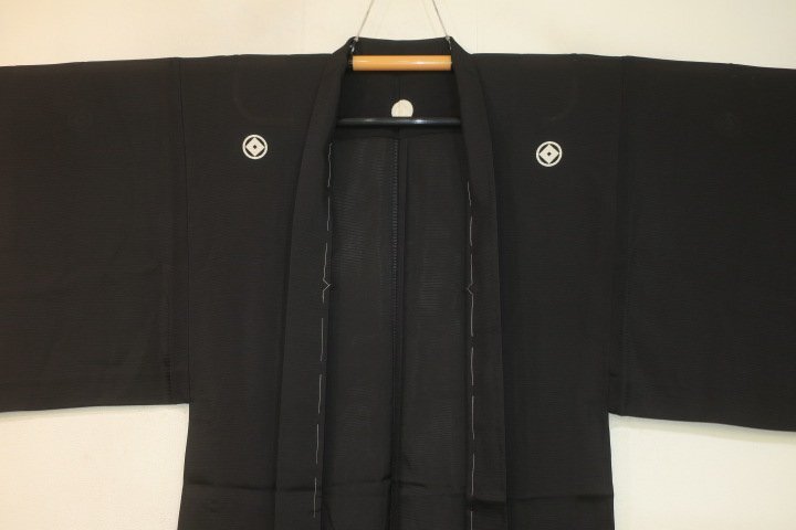 弐9612 本絹五泉駒絽 男性黒紋付羽織 裄68丈93 К丸に釘抜 美品 未着用