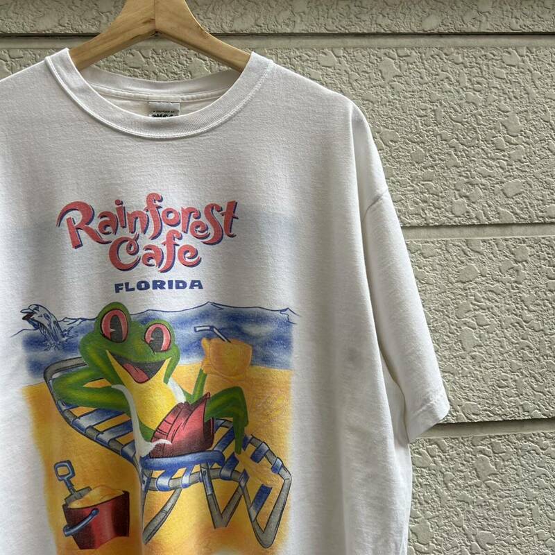 90s USA製 白 プリントTシャツ 半袖Tシャツ カエル Rainforest Cafe スーベニア アメリカ製 古着 vintage ヴィンテージ XLサイズ アニマル