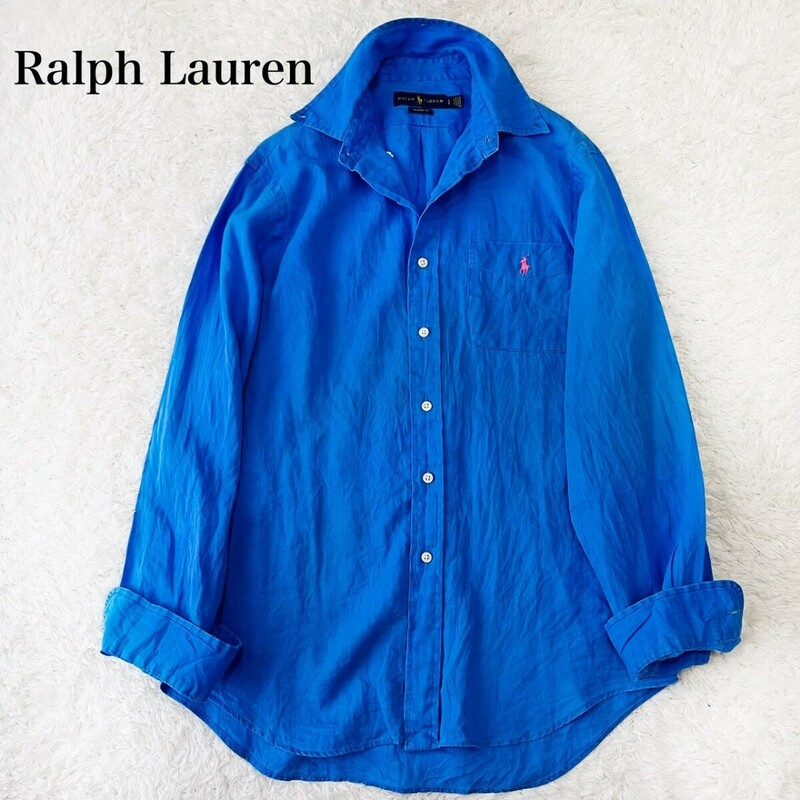 RALPH LAUREN ラルフローレン シャツ ブラウス 羽織り ボタンダウン ポニー刺繍 ビッグシルエット シルエット リネン 麻 L XL LL 青 ブルー