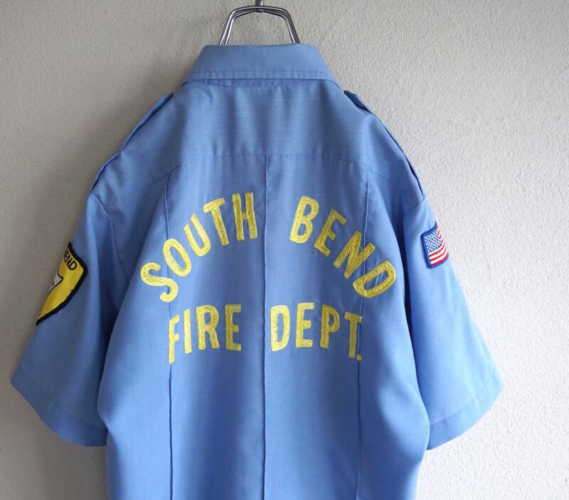 1970s ヴィンテージ SOUTH BEND FIRE DEPT. チェーンステッチ 星条旗ワッペン S/Sシャツ S ライトブルー 消防士 USA アメリカ 古着