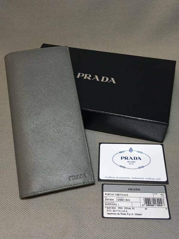 新品 本物 プラダ PRADA メンズ レザー 長財布 サフィアーノ グレー ロゴ 二つ折り ギャランティカード 箱あり