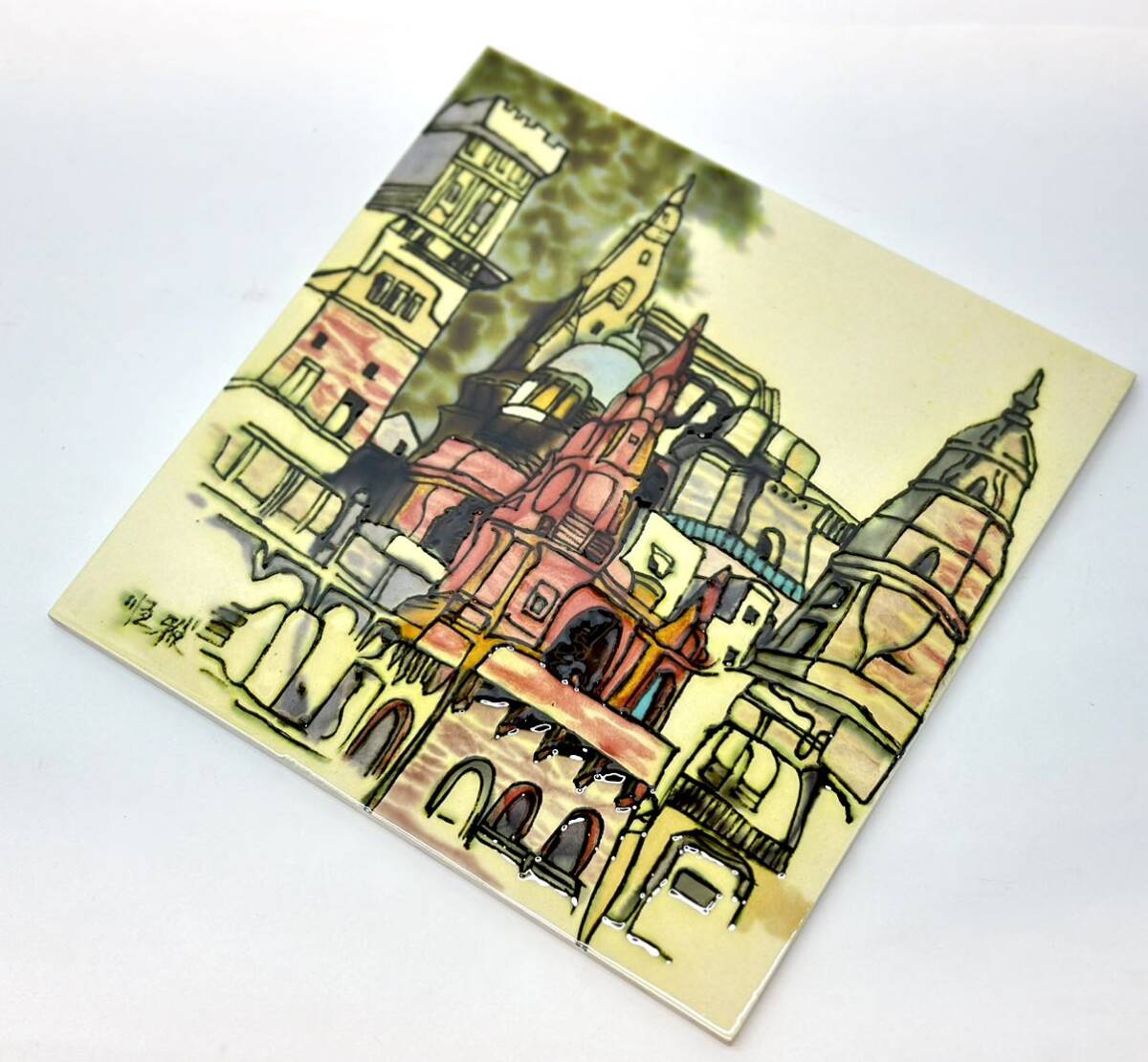 タイル 陶器 陶板 風景画 風景 街 順雅？ 壁掛け 額装 額縁 アート 絵画 美術品 陶画■兵庫県姫路市から 24-1370