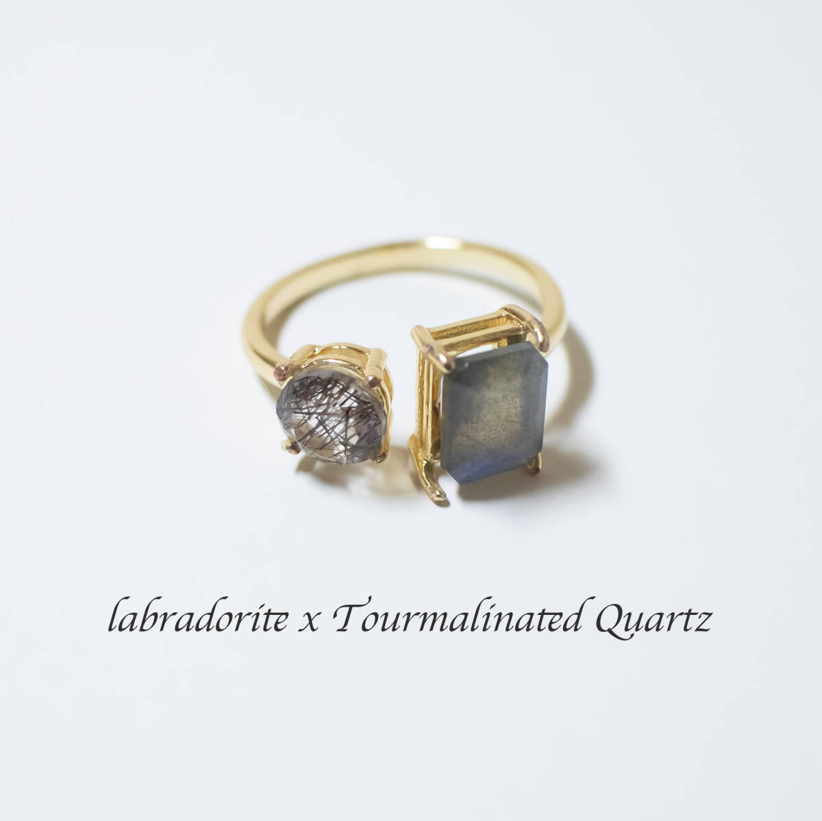 天然石 ラブラドライト×トルマリンクォーツ フォークリング【フリーサイズ】指輪