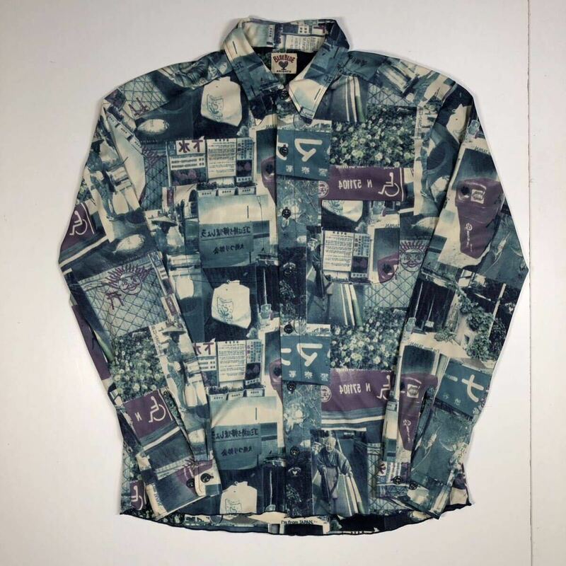 【2】Blue Blue Photo Print Polyester Shirt ブルーブルー フォト プリント ポリエステル シャツ ブルー 青 長袖 総柄 T460