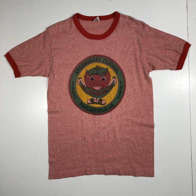 【M】70's Vintage Hanes Trim Print Tee Red 70年代 ヴィンテージ ヘインズ 染み込み リンガー プリント Tシャツ 霜降り 赤杢 T502